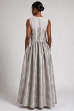 Silver Botanical Jacquard Sleeveless Maxi Dress | Sustainable Occasion Dress with Adjustable Waist