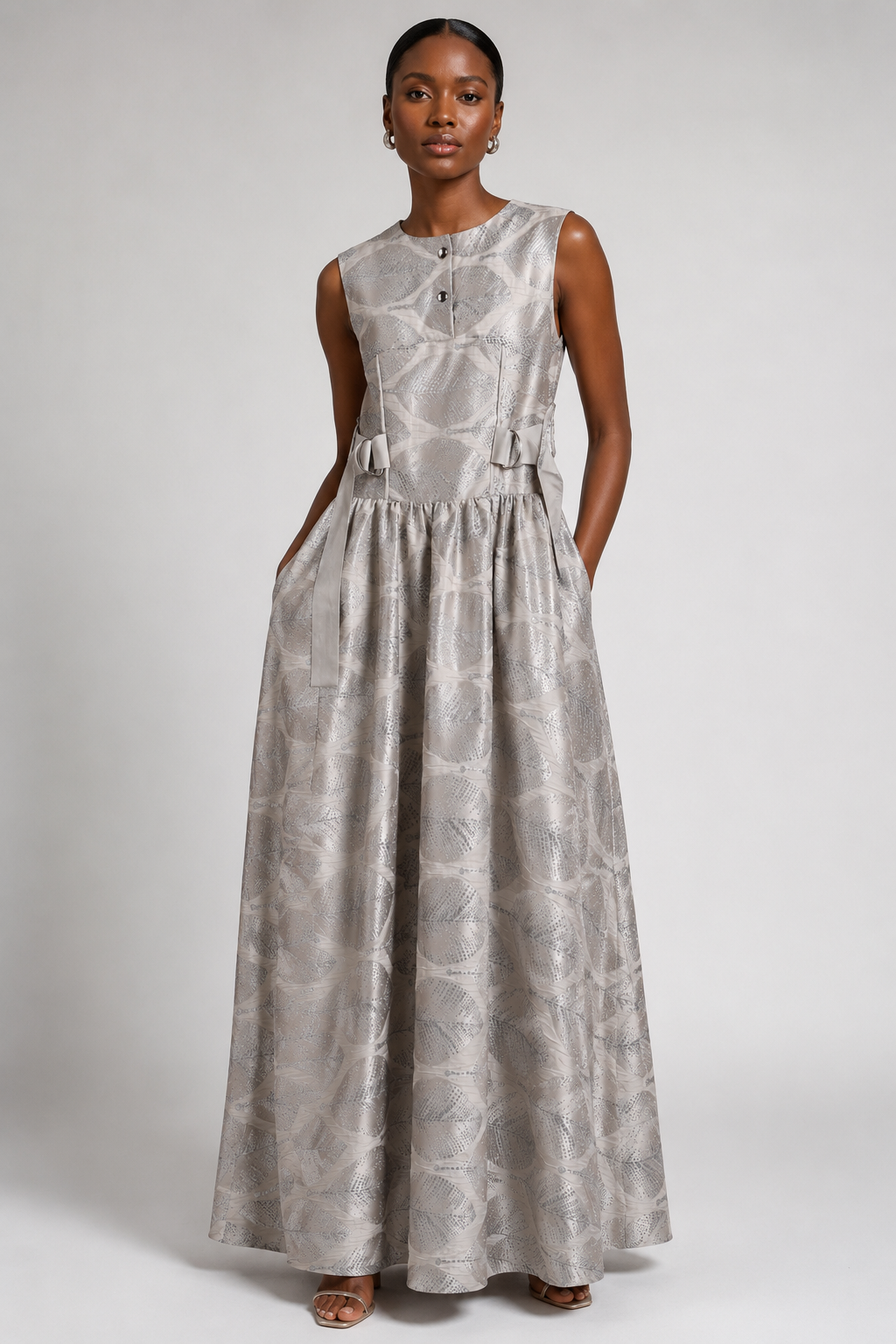 Silver Botanical Jacquard Sleeveless Maxi Dress | Sustainable Occasion Dress with Adjustable Waist