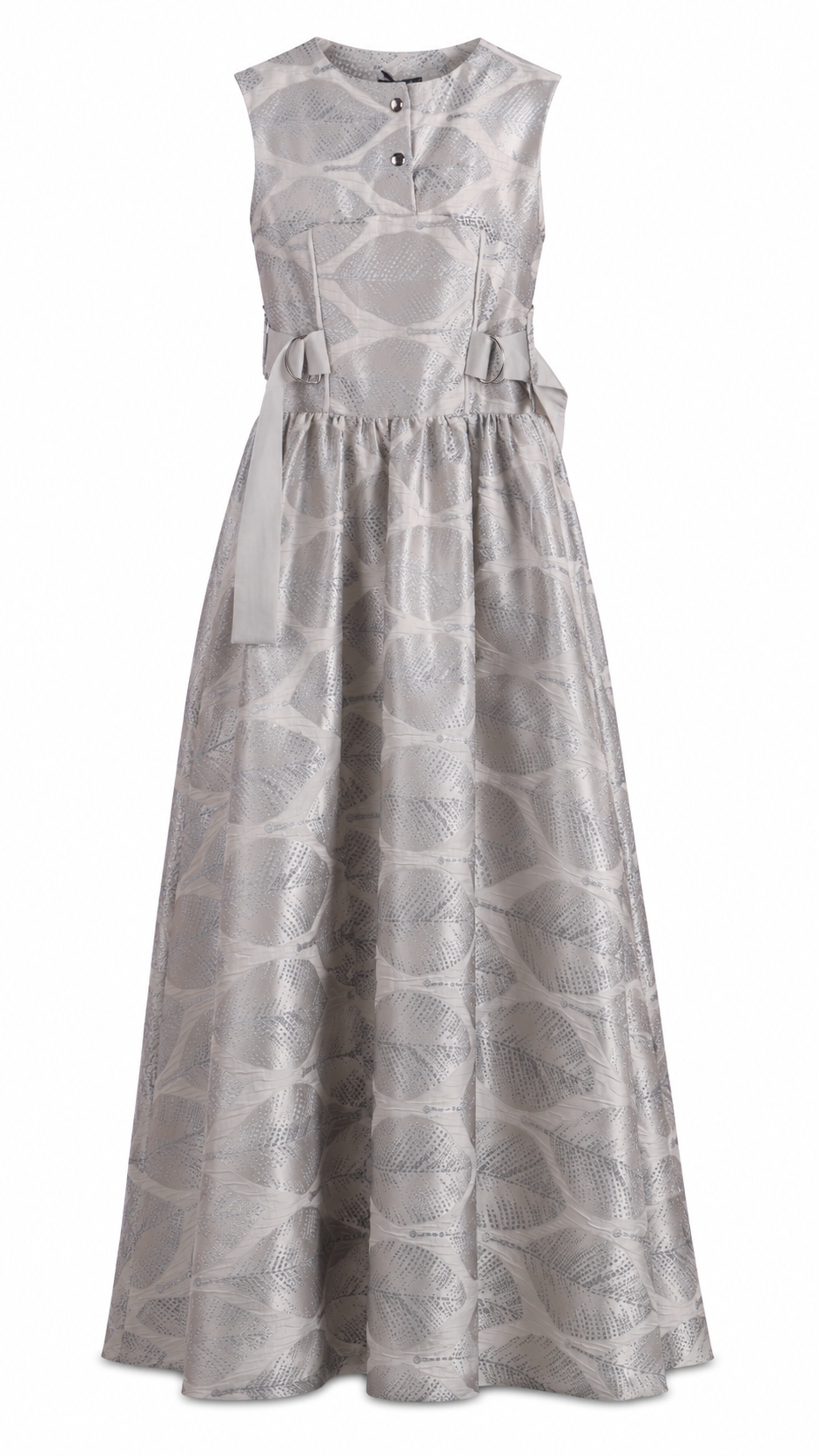 Silver Botanical Jacquard Sleeveless Maxi Dress | Sustainable Occasion Dress with Adjustable Waist