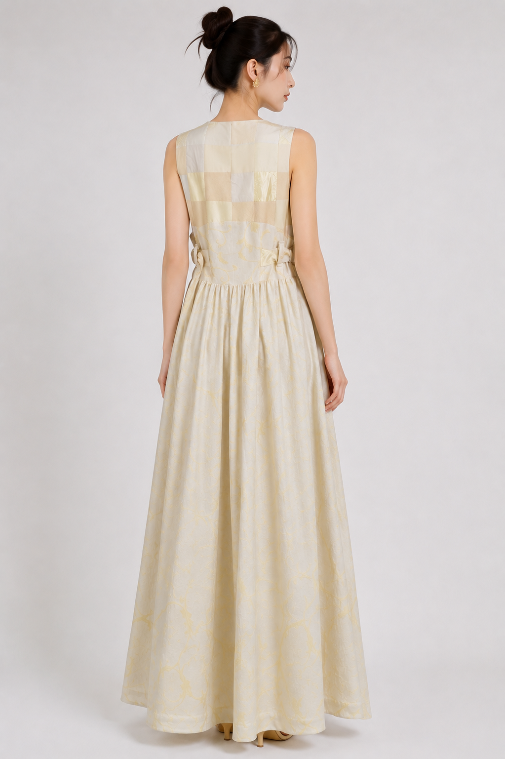 Ivory Embroidered Vine Sleeveless Maxi Dress | Sustainable Occasion Dress with Adjustable Waist