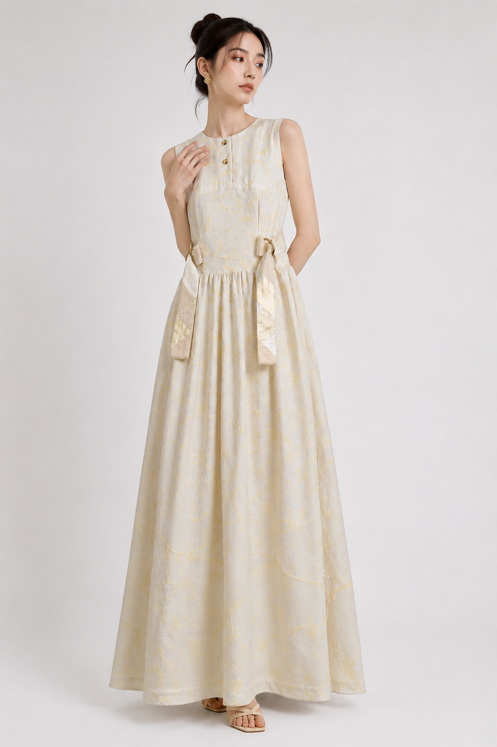 Ivory Embroidered Vine Sleeveless Maxi Dress | Sustainable Occasion Dress with Adjustable Waist