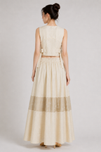 Ivory Floral Jacquard Co-Ord Set | Sustainable Sleeveless Crop Top & Tiered Maxi Skirt