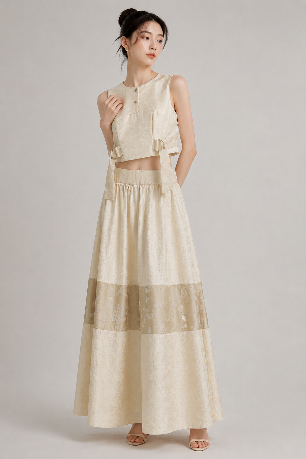 Ivory Floral Jacquard Co-Ord Set | Sustainable Sleeveless Crop Top & Tiered Maxi Skirt