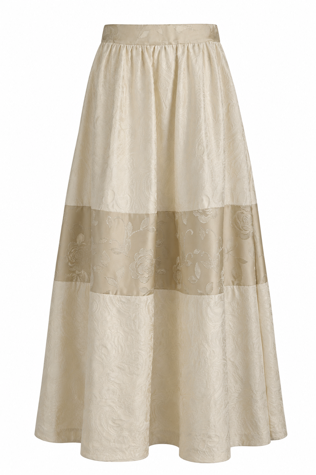 Ivory Floral Jacquard Co-Ord Set | Sustainable Sleeveless Crop Top & Tiered Maxi Skirt