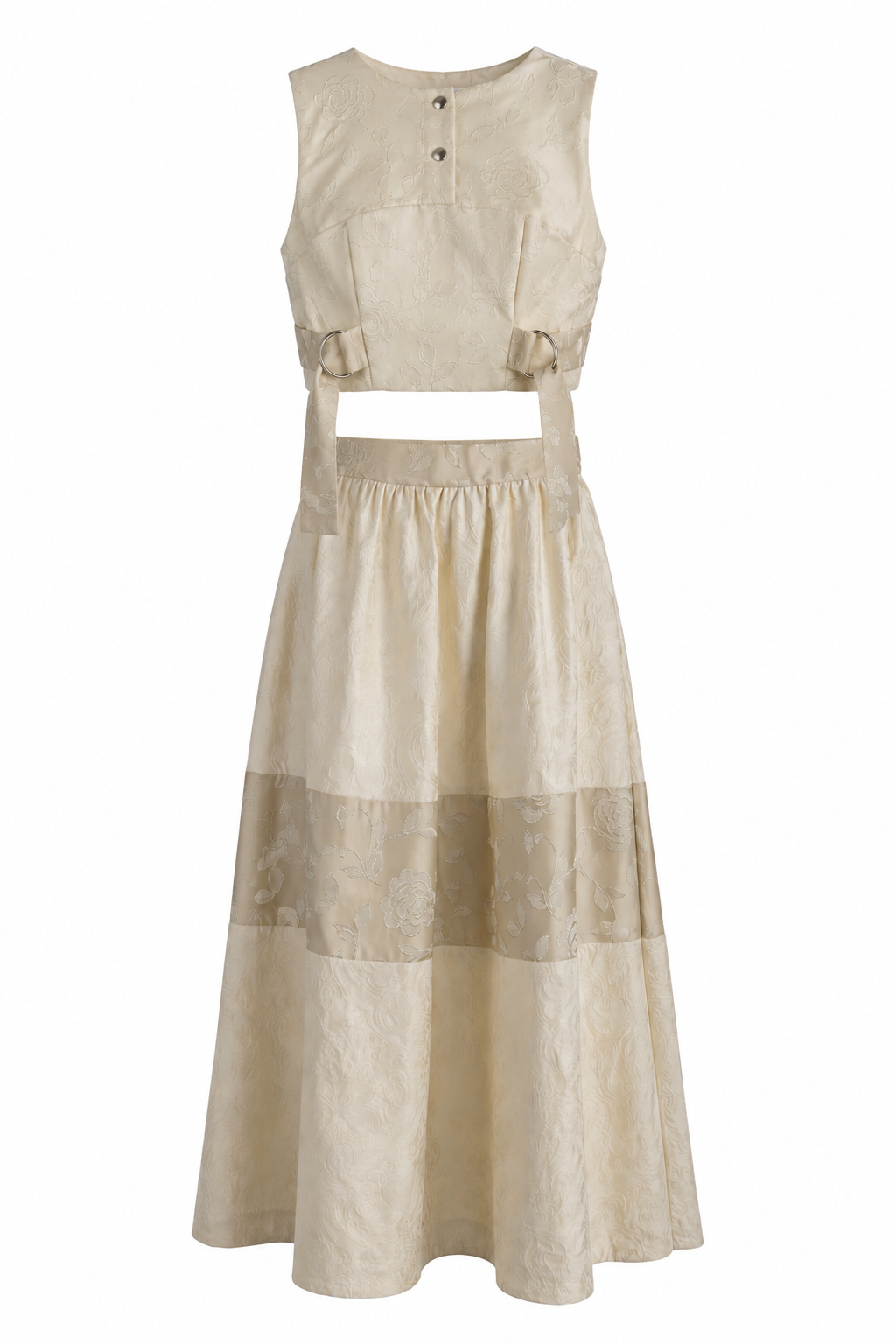 Ivory Floral Jacquard Co-Ord Set | Sustainable Sleeveless Crop Top & Tiered Maxi Skirt