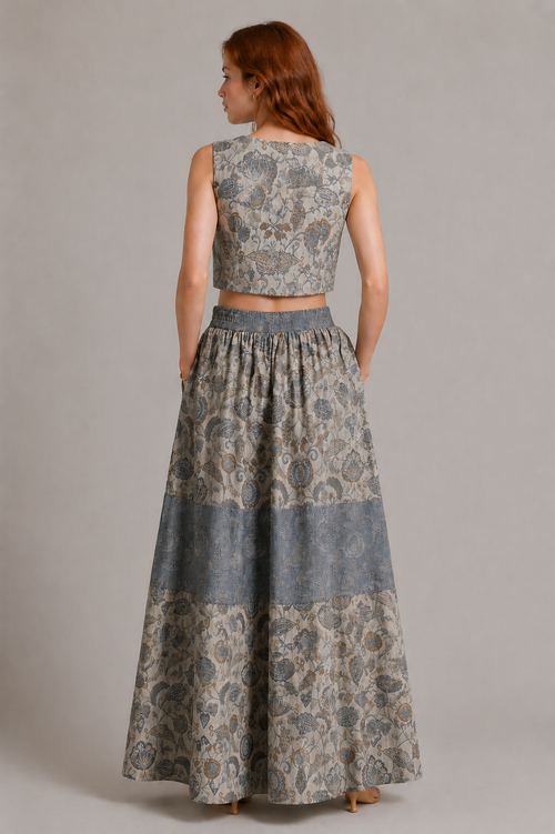Blue Botanical Print Co-Ord Set | Sustainable Sleeveless Crop Top & Tiered Maxi Skirt
