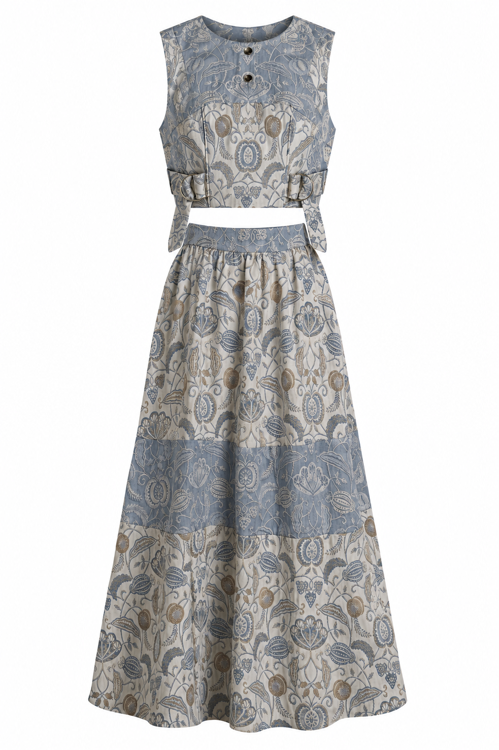 Blue Botanical Print Co-Ord Set | Sustainable Sleeveless Crop Top & Tiered Maxi Skirt
