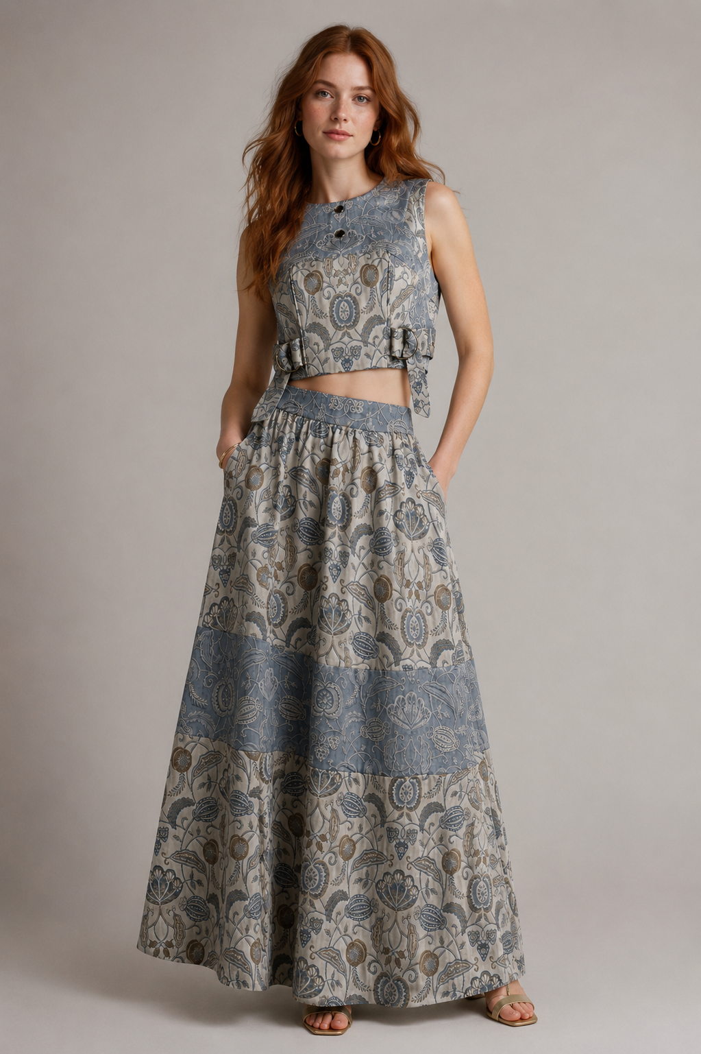 Blue Botanical Print Co-Ord Set | Sustainable Sleeveless Crop Top & Tiered Maxi Skirt