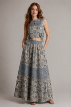 Blue Botanical Print Co-Ord Set | Sustainable Sleeveless Crop Top & Tiered Maxi Skirt