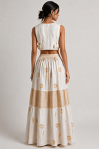 Ivory Meadow Floral Co-Ord Set | Sustainable Sleeveless Crop Top & Tiered Maxi Skirt