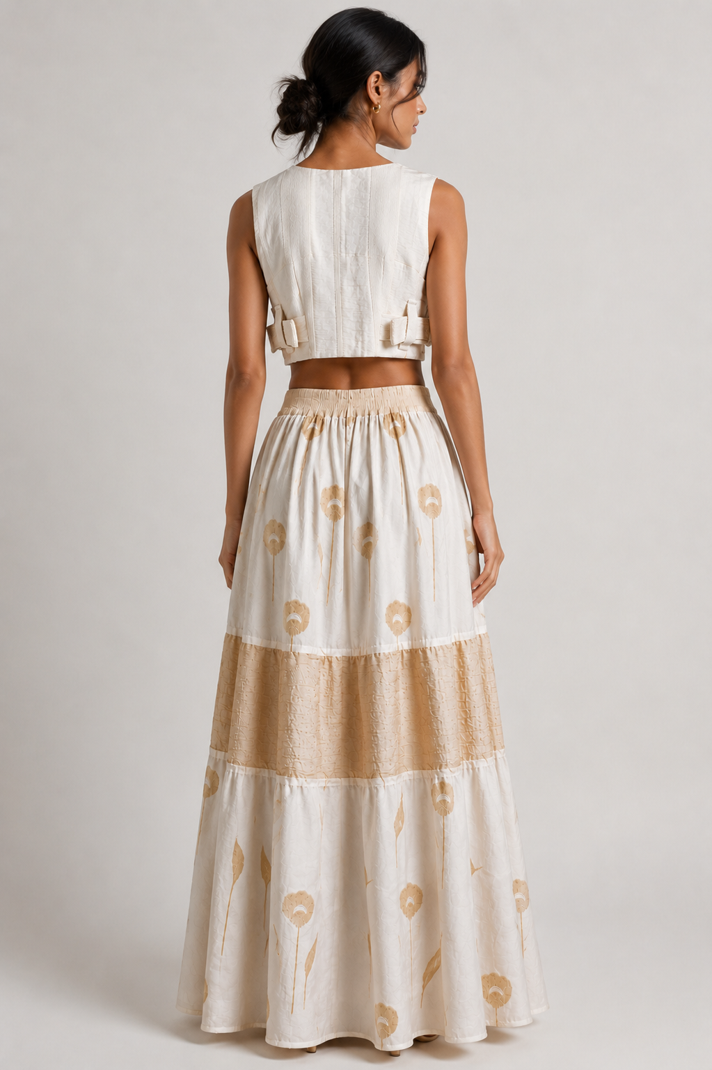 Ivory Meadow Floral Co-Ord Set | Sustainable Sleeveless Crop Top & Tiered Maxi Skirt