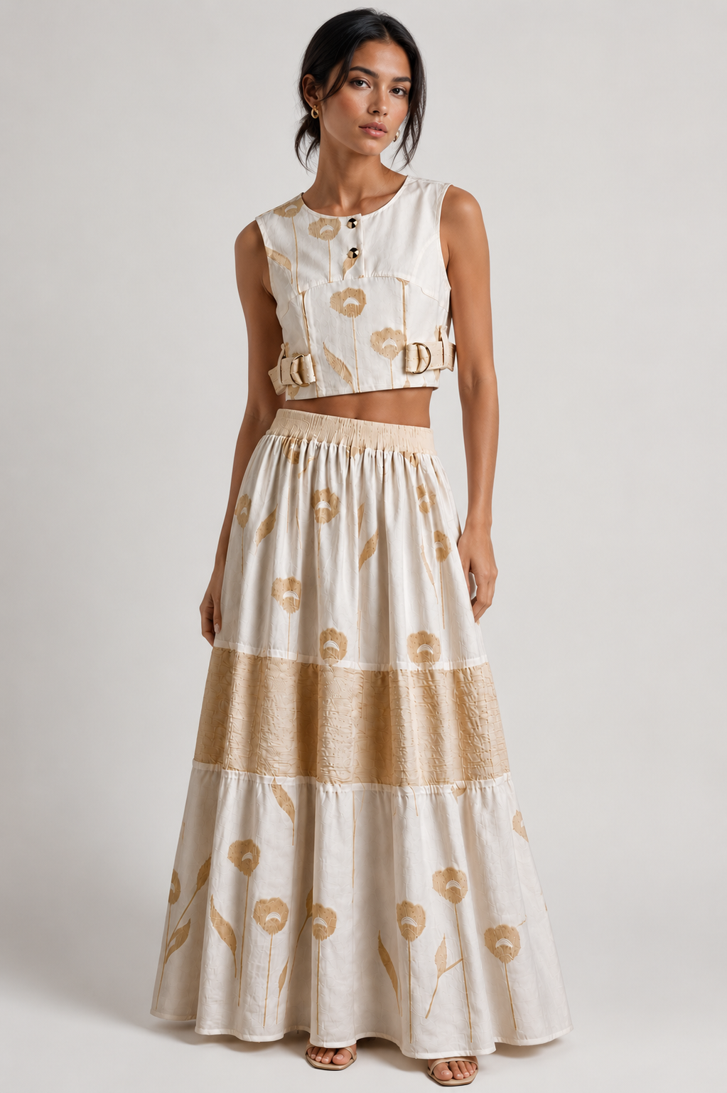 Ivory Meadow Floral Co-Ord Set | Sustainable Sleeveless Crop Top & Tiered Maxi Skirt