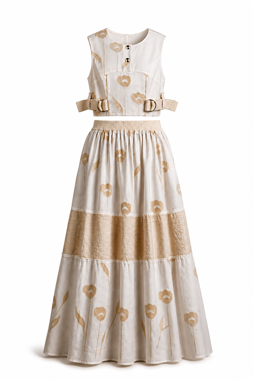 Ivory Meadow Floral Co-Ord Set | Sustainable Sleeveless Crop Top & Tiered Maxi Skirt