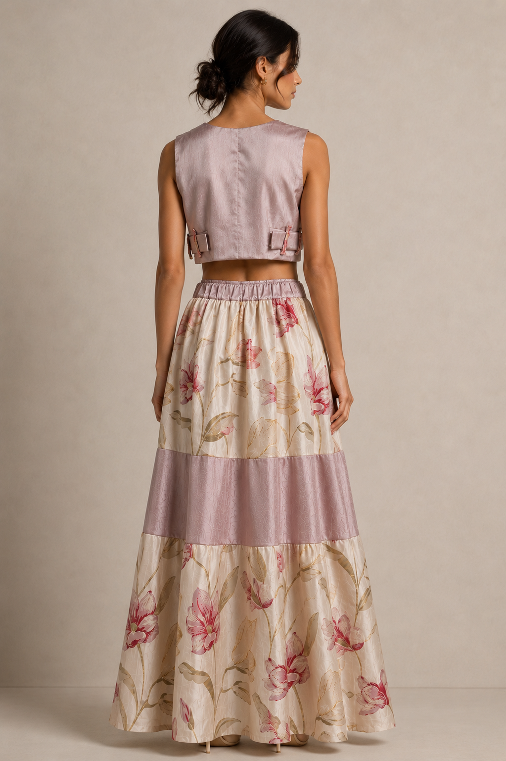 Blush Pink Floral Jacquard Co-Ord Set | Sustainable Sleeveless Crop Top & Tiered Maxi Skirt