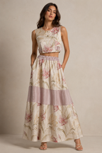 Blush Pink Floral Jacquard Co-Ord Set | Sustainable Sleeveless Crop Top & Tiered Maxi Skirt
