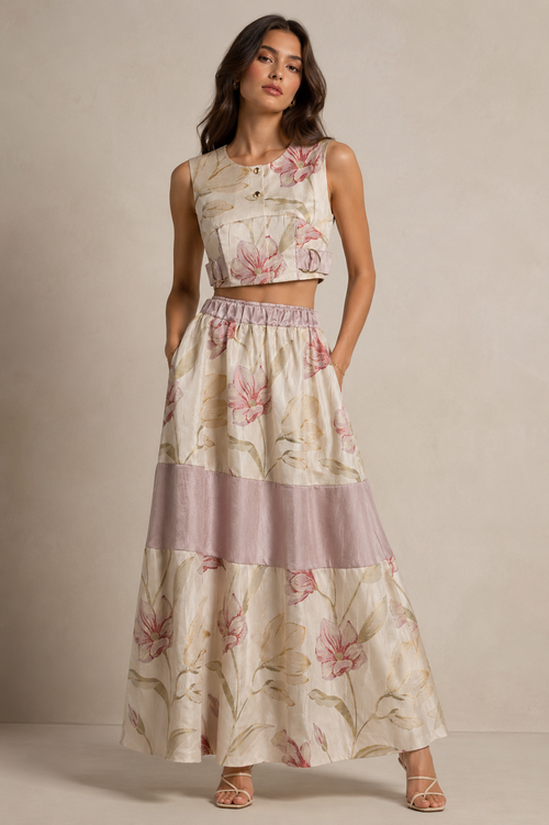 Blush Pink Floral Jacquard Co-Ord Set | Sustainable Sleeveless Crop Top & Tiered Maxi Skirt