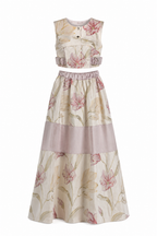 Blush Pink Floral Jacquard Co-Ord Set | Sustainable Sleeveless Crop Top & Tiered Maxi Skirt