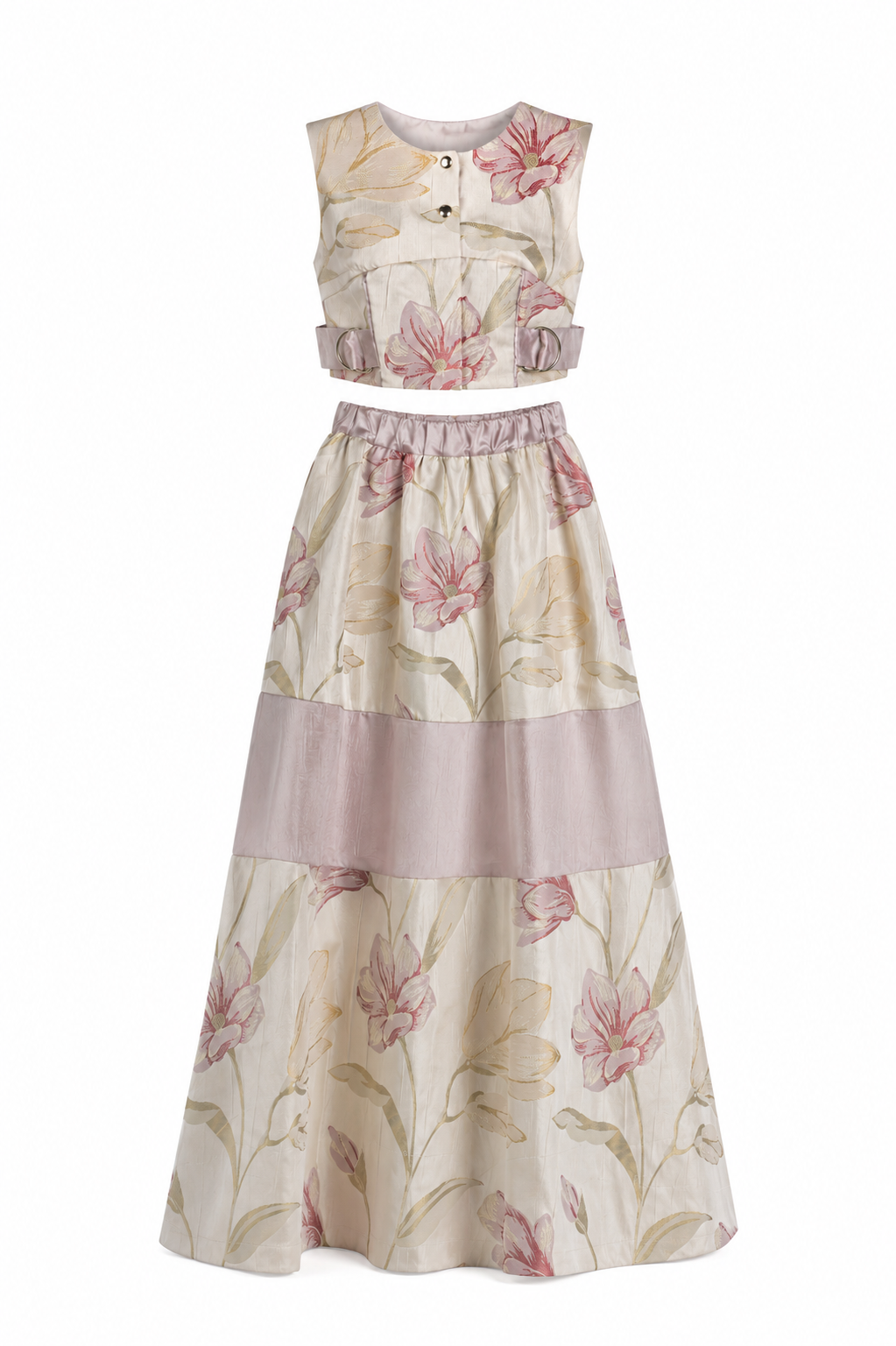 Blush Pink Floral Jacquard Co-Ord Set | Sustainable Sleeveless Crop Top & Tiered Maxi Skirt