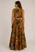 Mustard Botanical Floral Co-Ord Set | Sustainable Sleeveless Crop Top & Tiered Maxi Skirt