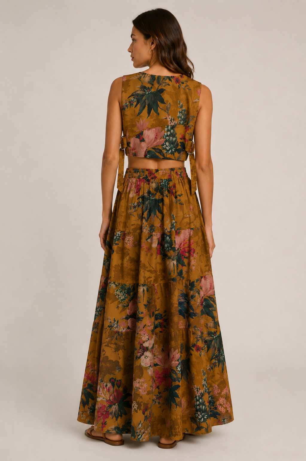 Mustard Botanical Floral Co-Ord Set | Sustainable Sleeveless Crop Top & Tiered Maxi Skirt