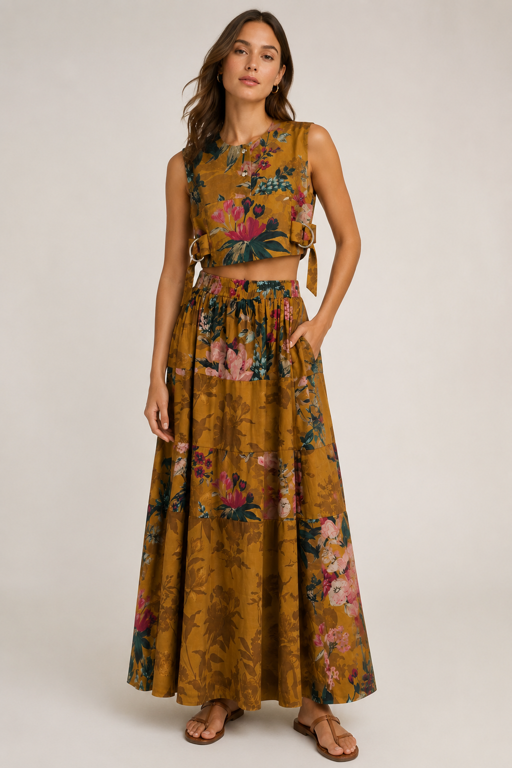 Mustard Botanical Floral Co-Ord Set | Sustainable Sleeveless Crop Top & Tiered Maxi Skirt
