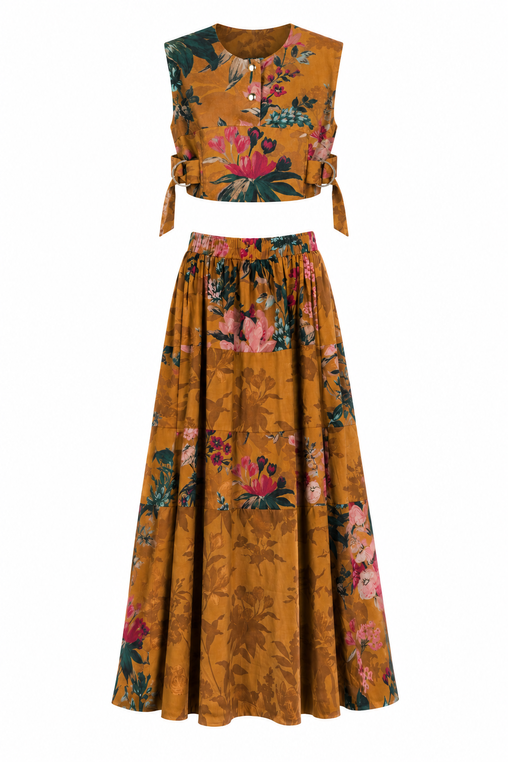 Mustard Botanical Floral Co-Ord Set | Sustainable Sleeveless Crop Top & Tiered Maxi Skirt
