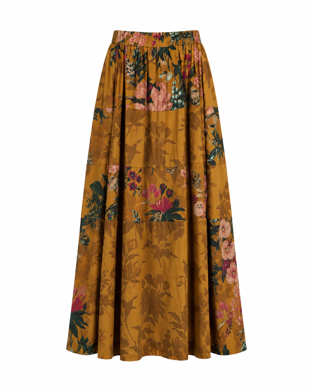 Mustard Botanical Floral Co-Ord Set | Sustainable Sleeveless Crop Top & Tiered Maxi Skirt