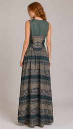 Blue Paisley Floral Sleeveless Maxi Dress | Sustainable Boho Occasion Dress with Adjustable Waist
