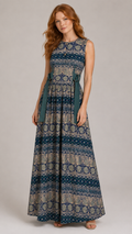 Blue Paisley Floral Sleeveless Maxi Dress | Sustainable Boho Occasion Dress with Adjustable Waist
