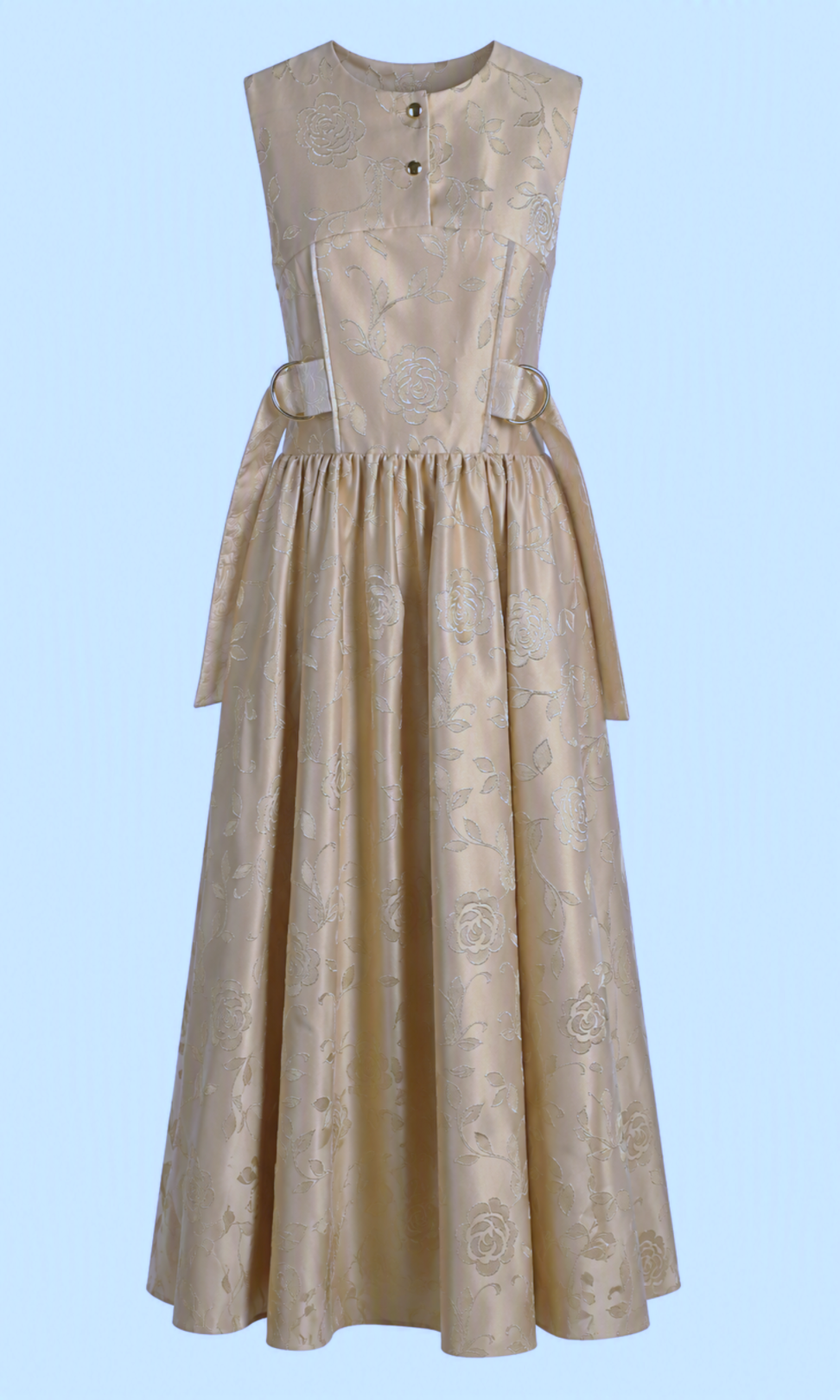 Champagne Floral Jacquard Sleeveless Maxi Dress | Sustainable Occasion Dress with Adjustable Waist