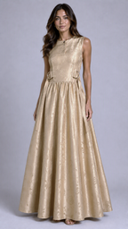 Champagne Floral Jacquard Sleeveless Maxi Dress | Sustainable Occasion Dress with Adjustable Waist