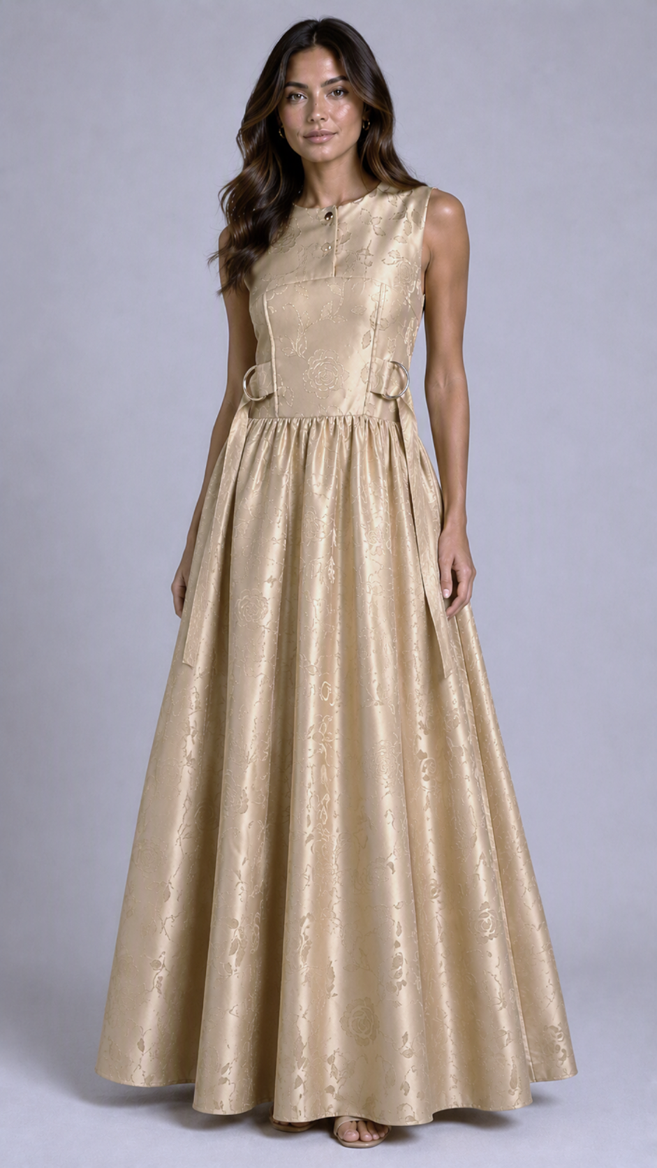 Champagne Floral Jacquard Sleeveless Maxi Dress | Sustainable Occasion Dress with Adjustable Waist