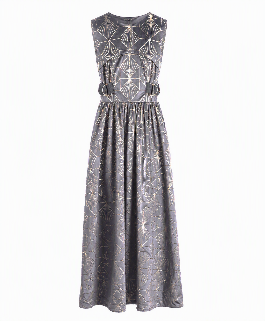Charcoal Geometric Jacquard Sleeveless Maxi Dress | Sustainable Statement Occasion Dress with Gold Foil Detail