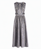 Charcoal Geometric Jacquard Sleeveless Maxi Dress | Sustainable Statement Occasion Dress with Gold Foil Detail