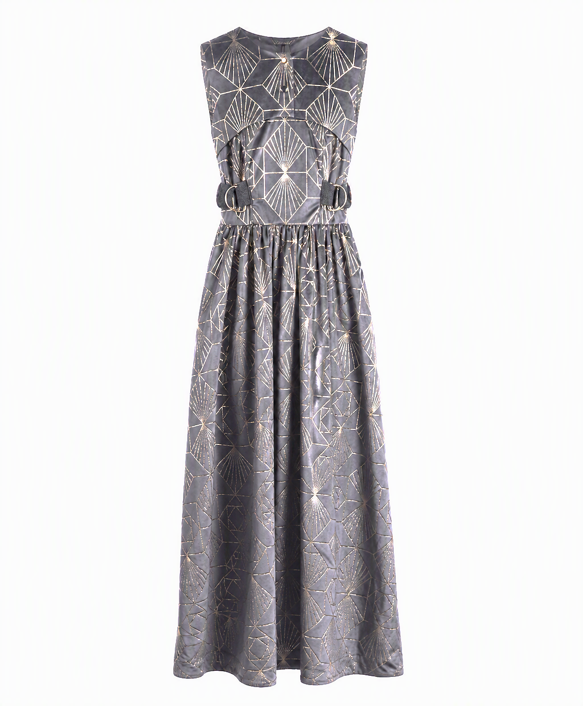 Charcoal Geometric Jacquard Sleeveless Maxi Dress | Sustainable Statement Occasion Dress with Gold Foil Detail