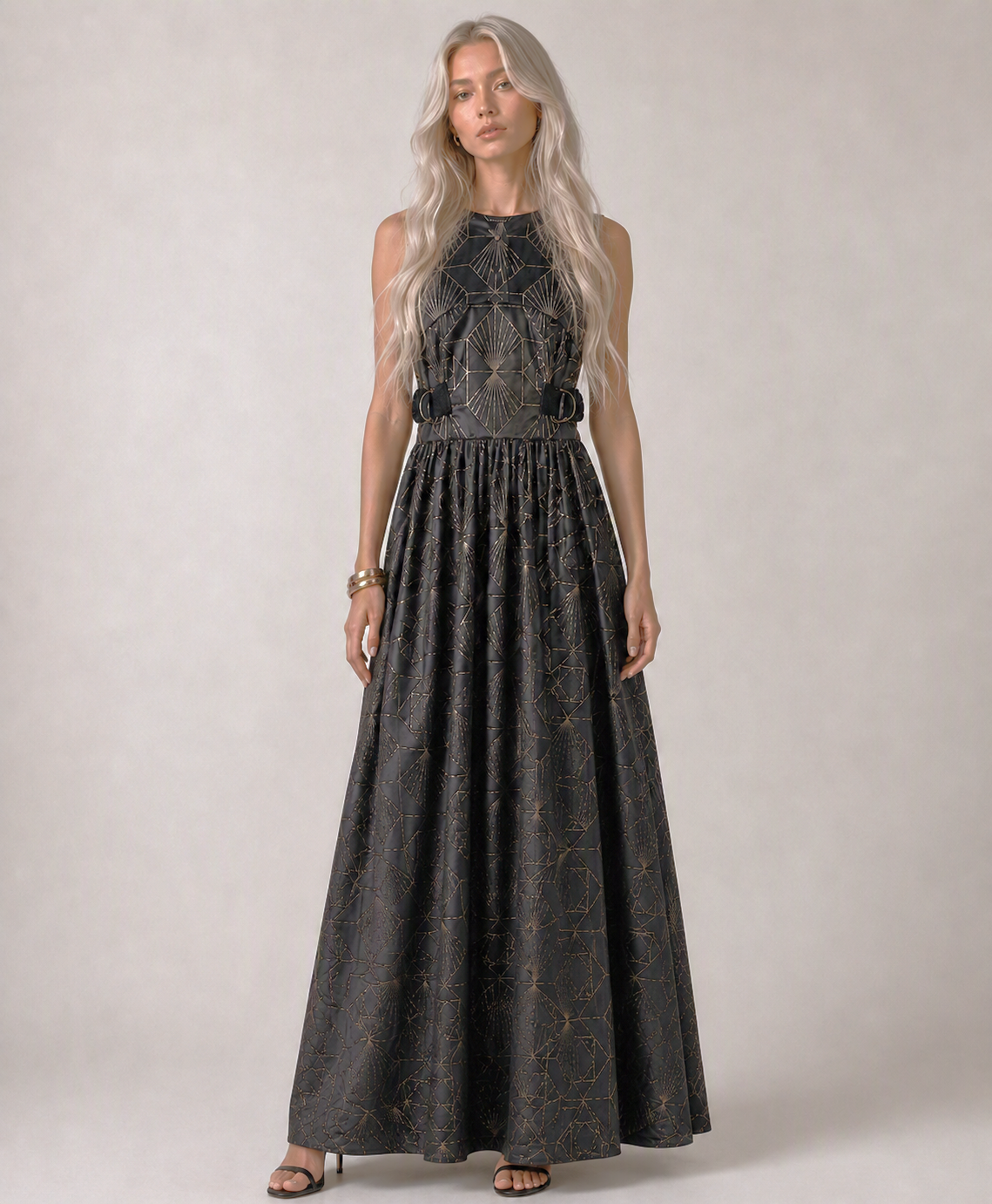 Charcoal Geometric Jacquard Sleeveless Maxi Dress | Sustainable Statement Occasion Dress with Gold Foil Detail
