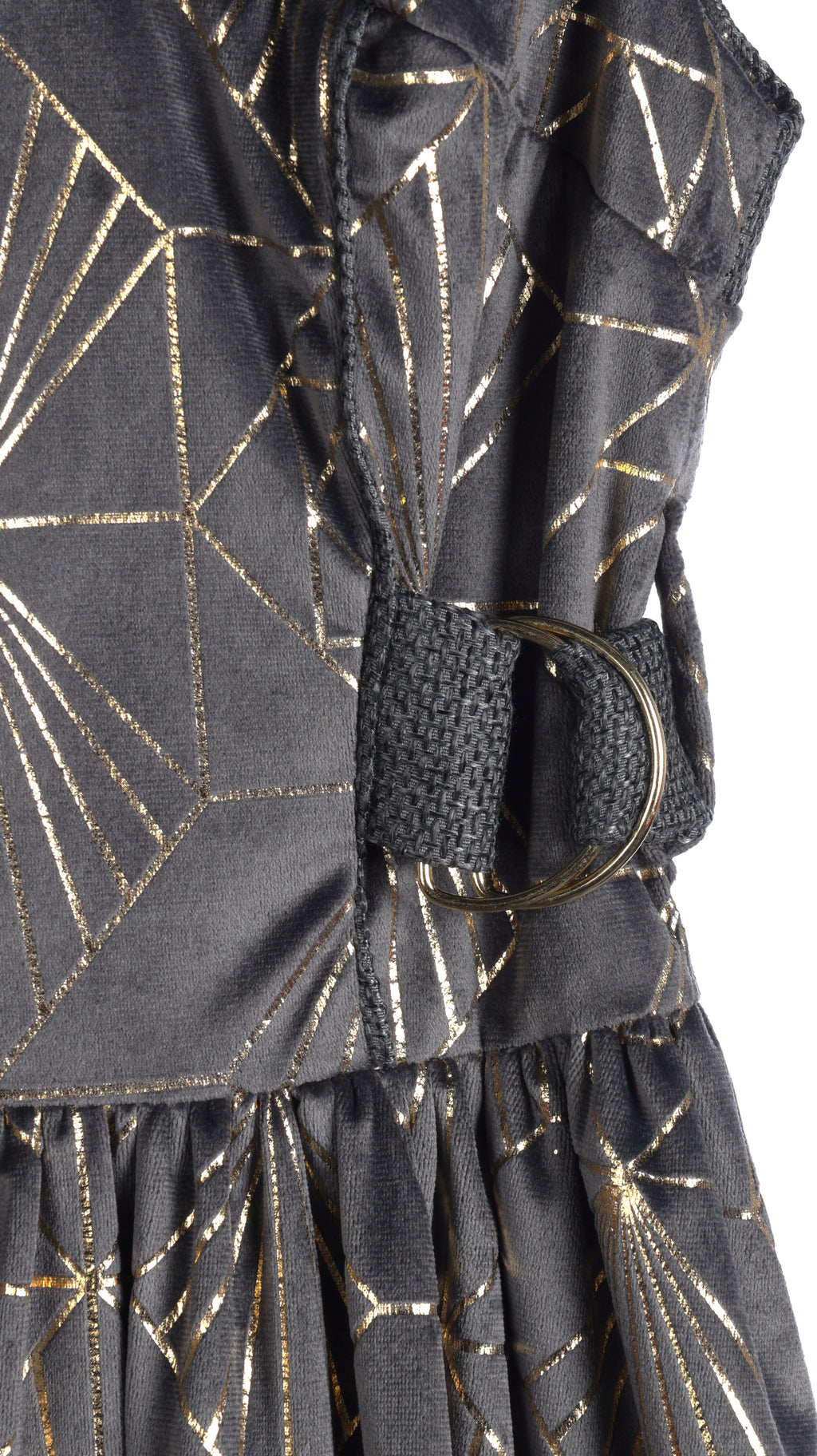 Charcoal Geometric Jacquard Sleeveless Maxi Dress | Sustainable Statement Occasion Dress with Gold Foil Detail