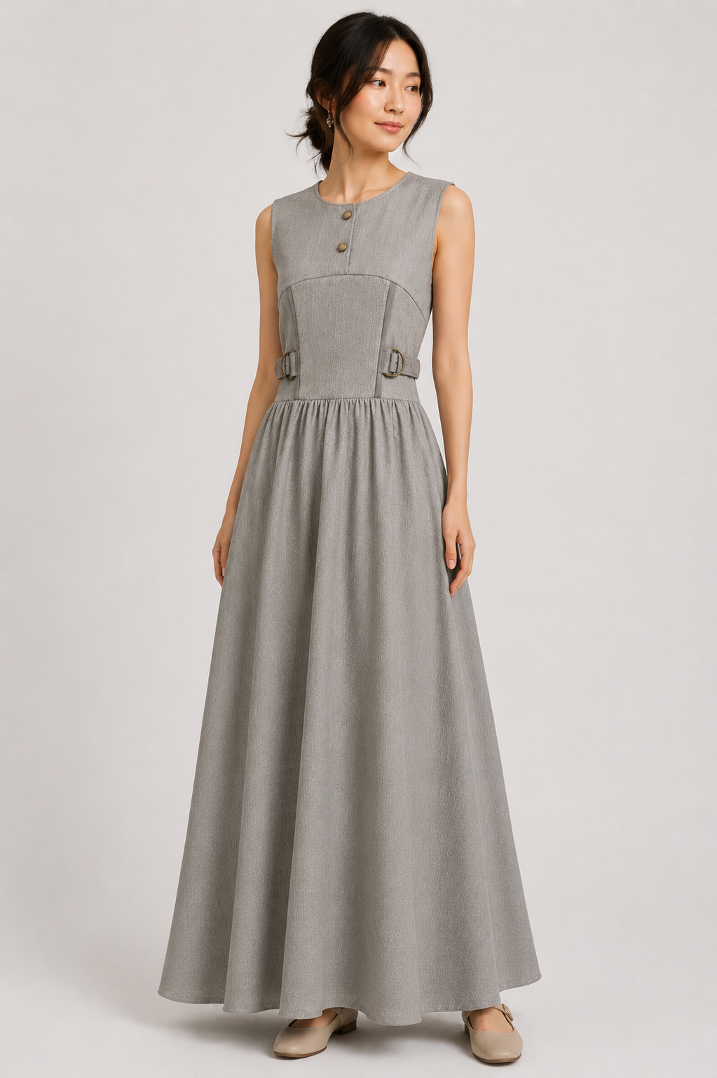 Stone Textured Sleeveless Maxi Dress | Sustainable Neutral Occasion Dress with Adjustable D-Ring Waist