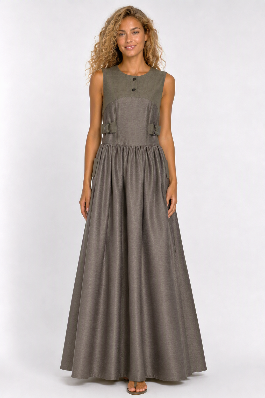 Charcoal Grey Sleeveless Maxi Dress | Sustainable Textured Occasion Dress with Adjustable D-Ring Waist