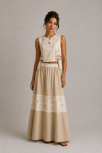 Neutral Embroidered Vine Co-Ord Set | Sustainable Sleeveless Crop Top & Tiered Maxi Skirt