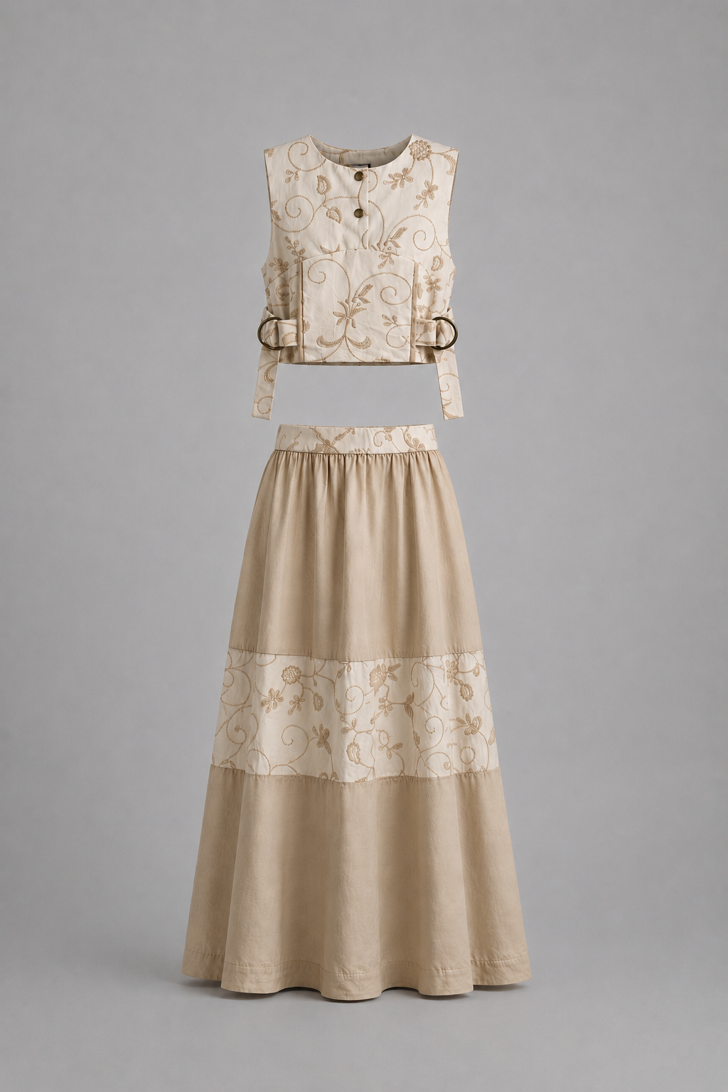 Neutral Embroidered Vine Co-Ord Set | Sustainable Sleeveless Crop Top & Tiered Maxi Skirt