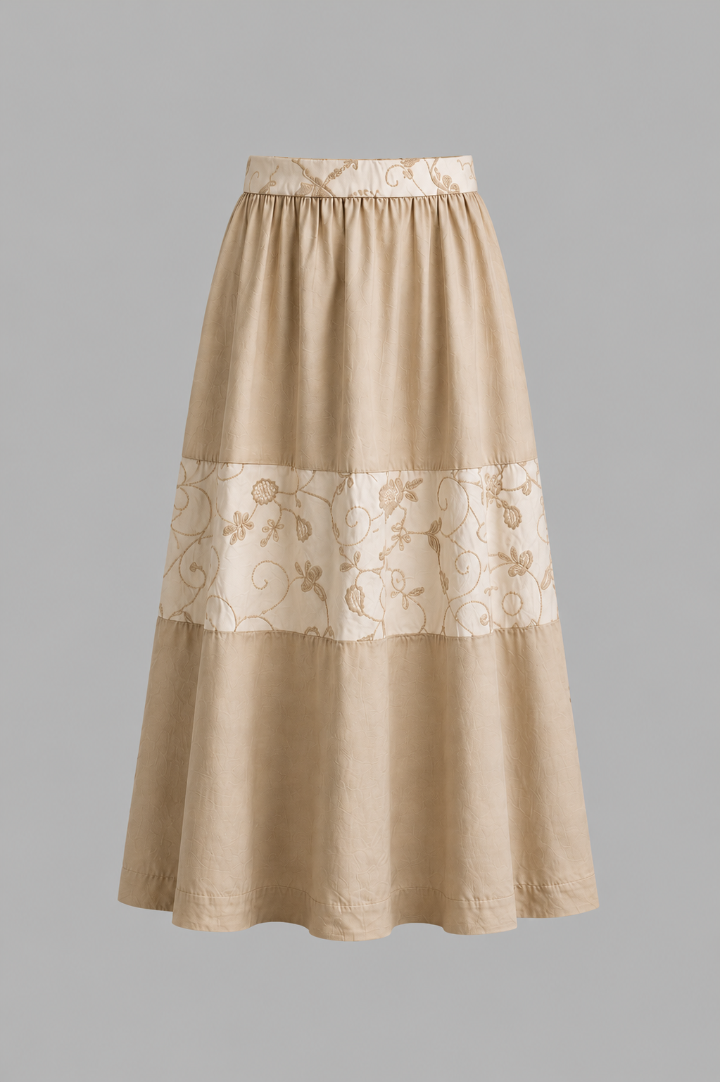 Neutral Embroidered Vine Co-Ord Set | Sustainable Sleeveless Crop Top & Tiered Maxi Skirt