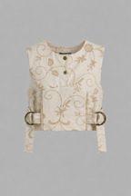 Neutral Embroidered Vine Co-Ord Set | Sustainable Sleeveless Crop Top & Tiered Maxi Skirt
