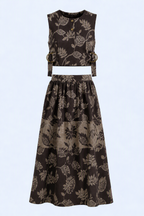 Chocolate Brown Botanical Jacquard Co-Ord Set | Sustainable Sleeveless Crop Top & Tiered Maxi Skirt