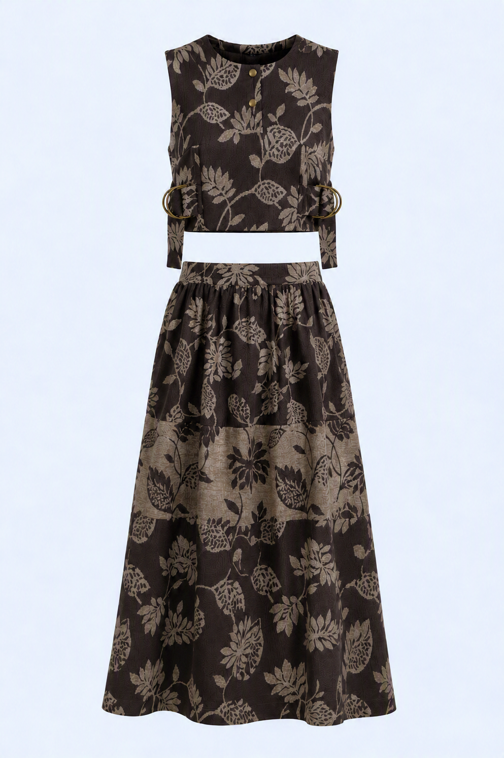 Chocolate Brown Botanical Jacquard Co-Ord Set | Sustainable Sleeveless Crop Top & Tiered Maxi Skirt