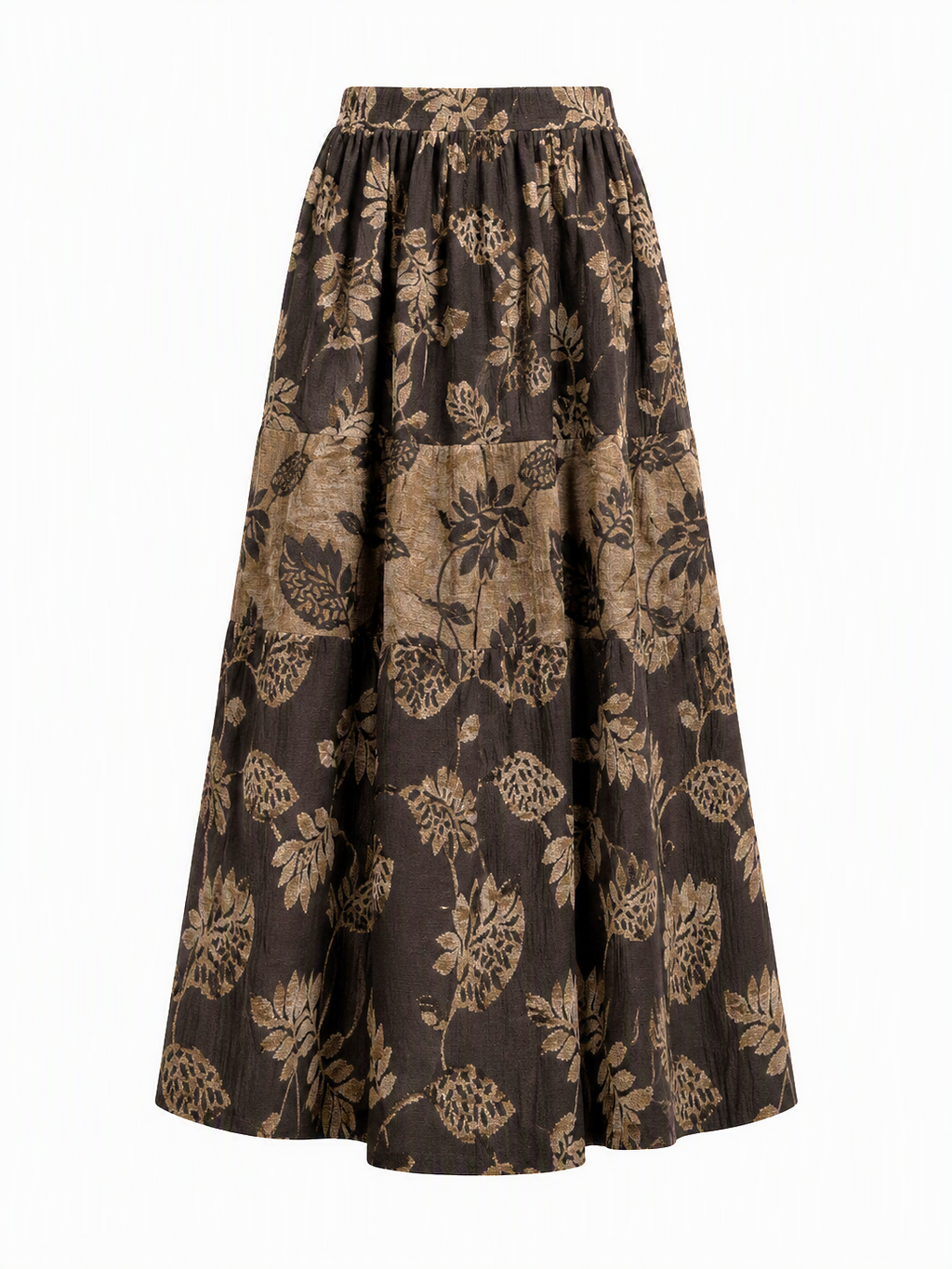 Chocolate Brown Botanical Jacquard Co-Ord Set | Sustainable Sleeveless Crop Top & Tiered Maxi Skirt