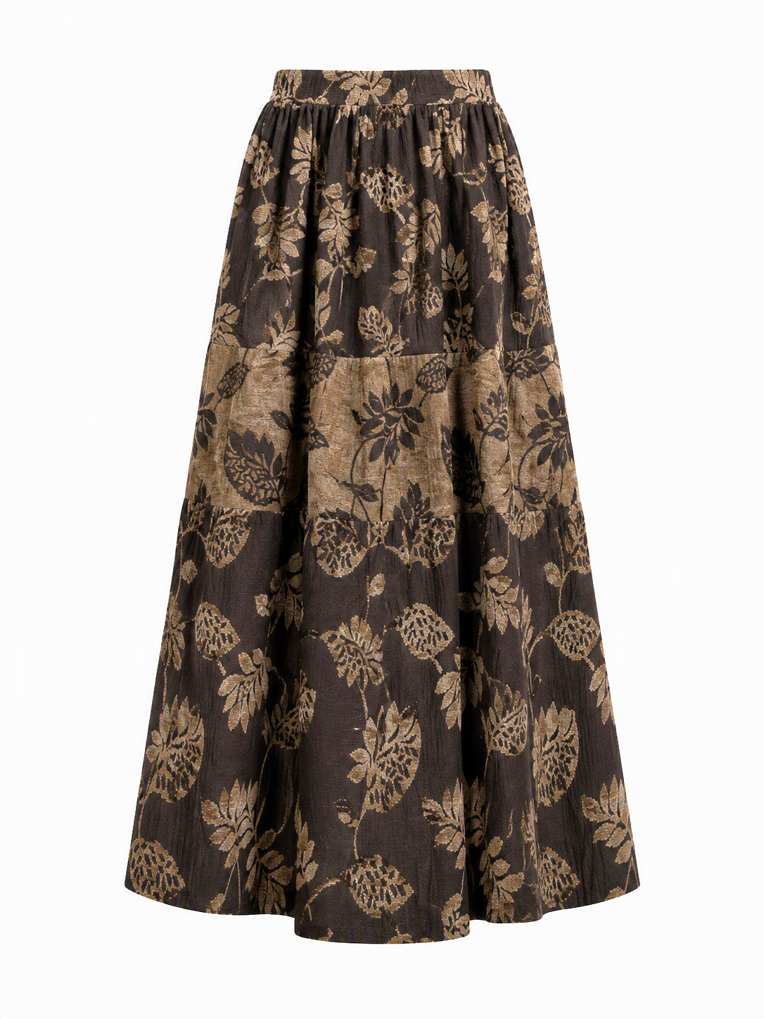 Chocolate Brown Botanical Jacquard Co-Ord Set | Sustainable Sleeveless Crop Top & Tiered Maxi Skirt