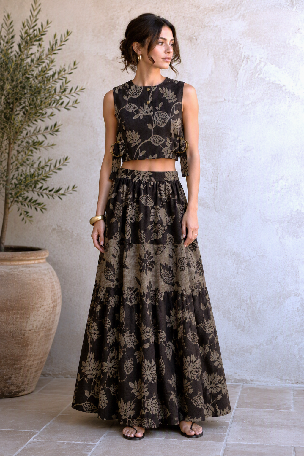 Chocolate Brown Botanical Jacquard Co-Ord Set | Sustainable Sleeveless Crop Top & Tiered Maxi Skirt