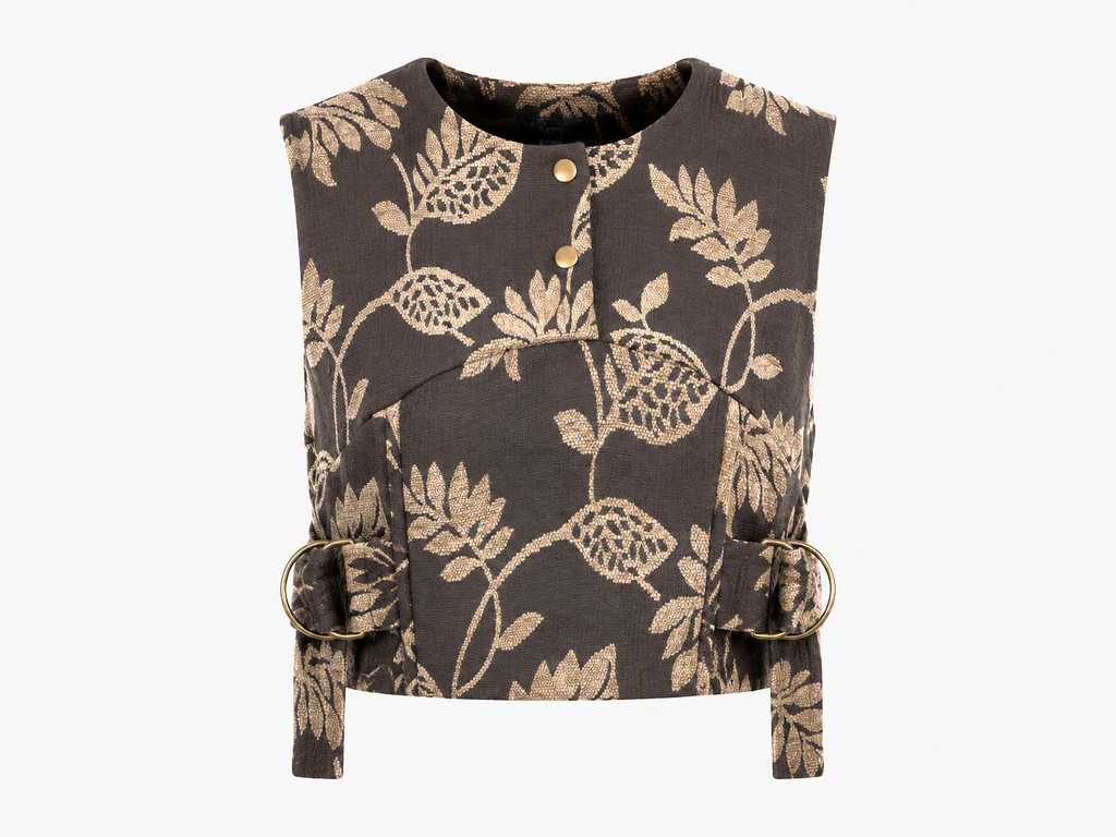 Chocolate Brown Botanical Jacquard Co-Ord Set | Sustainable Sleeveless Crop Top & Tiered Maxi Skirt