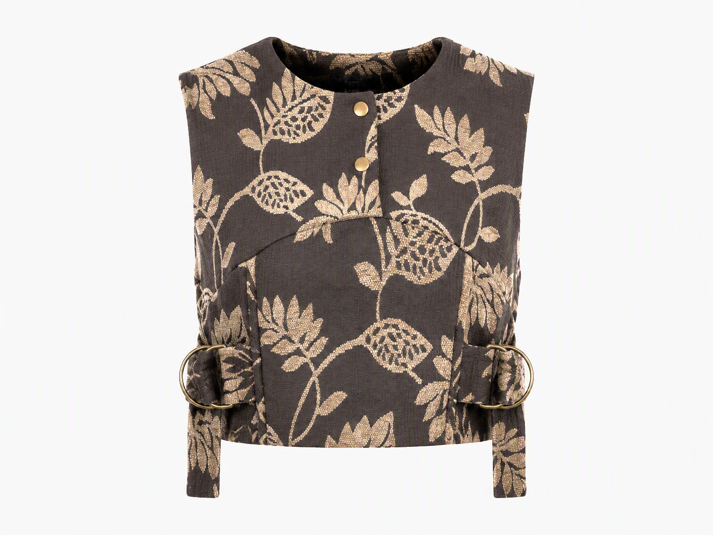Chocolate Brown Botanical Jacquard Co-Ord Set | Sustainable Sleeveless Crop Top & Tiered Maxi Skirt